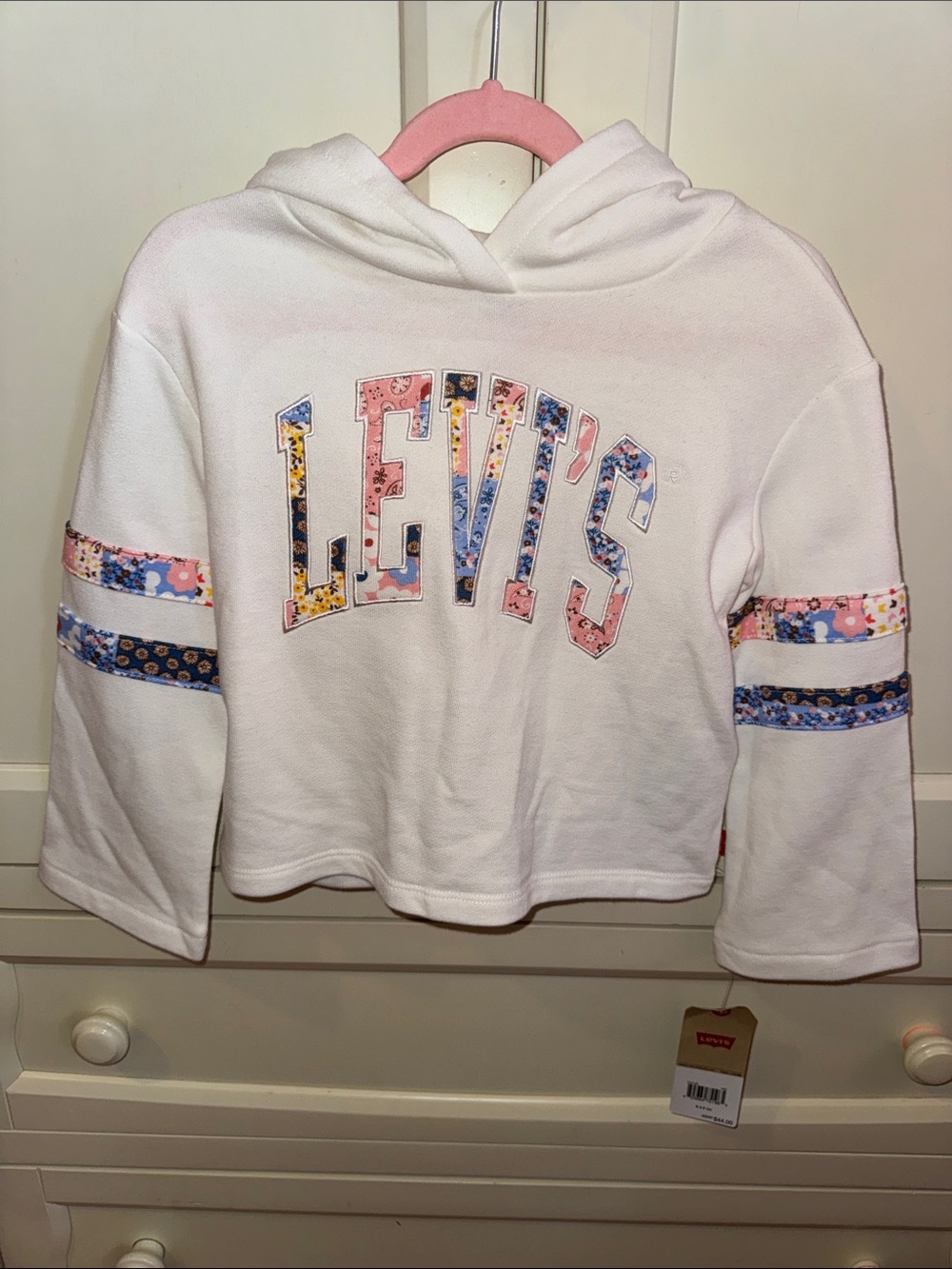 Levi's White Hoodie with Floral Lettering and Sleeve Stripes (Size 4-5)
